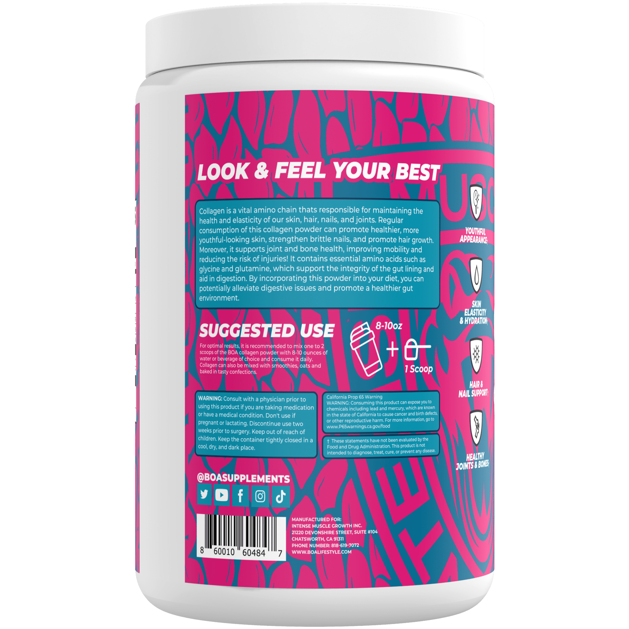 BOA Collagen - All Natural Hydrolyzed Protein Collagen with Biotin and Iron - Promotes Hair, Skin and Nails - Supports Healthy Joints - Unflavored - 30 servings)