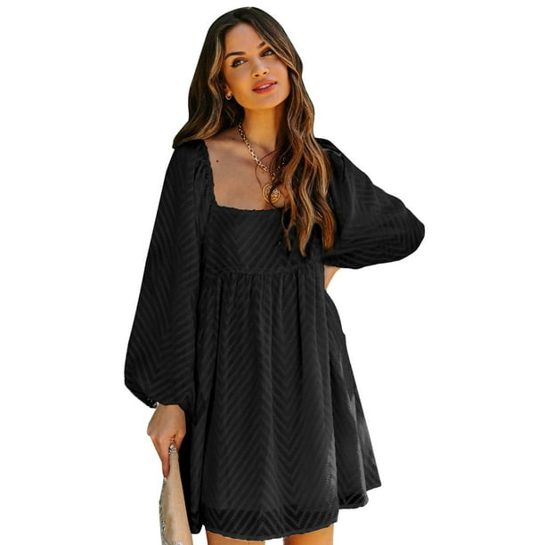 Women Black Square Neck Puff Sleeve Babydoll Style Short Dress Walmart Com