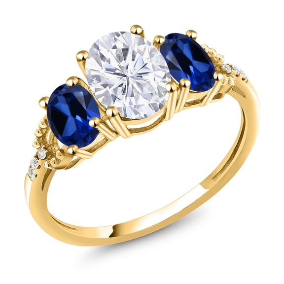 Gem Stone King 2.74 Cttw 10K Yellow Gold 3-Stone Ring for Women | White Moissanite Blue Created Sapphire and Diamond | Oval 8X6MM and 6X4MM | Wedding Engagement Anniversary Promise Ring| Size 7