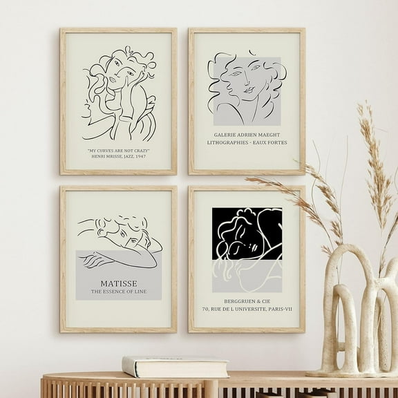 PixonSign Framed Wall Art Mid-Century Female Portrait Abstract Sketch Posters, Set of 4 Renaissance Illustrations, Black & White Adhesive Canvas Prints for Home Decor - 11"x14" Natural