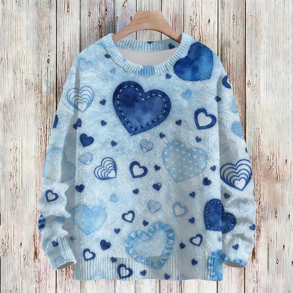 Dwralegc Womens Valentines Day Sweater Heart Graphic Plus Size Sweater Knitted Long Sleeve Cute 2026 Casual Sweater Tops Sky Blue 2XL