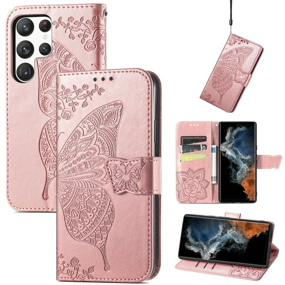 Allytech Samsung Galaxy S25 Ultra Flip Wallet Case, Luxury PU Leather [Butterfly & Flower Embossed] Magnetic Clasp Stand Case Built-in Card Slots & Cash Pocket, Shockproof Wrist Strap Case, Rosegold