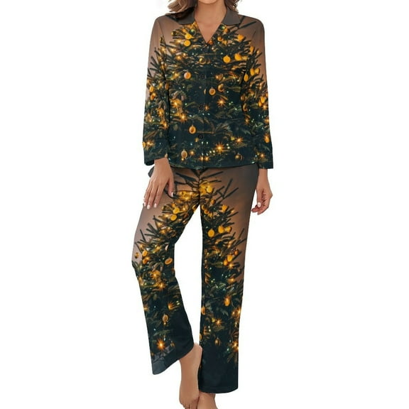 PoBuds Women's Long Sleeve Flannel Pajama Set Sleepwear Christmas Tree Light S