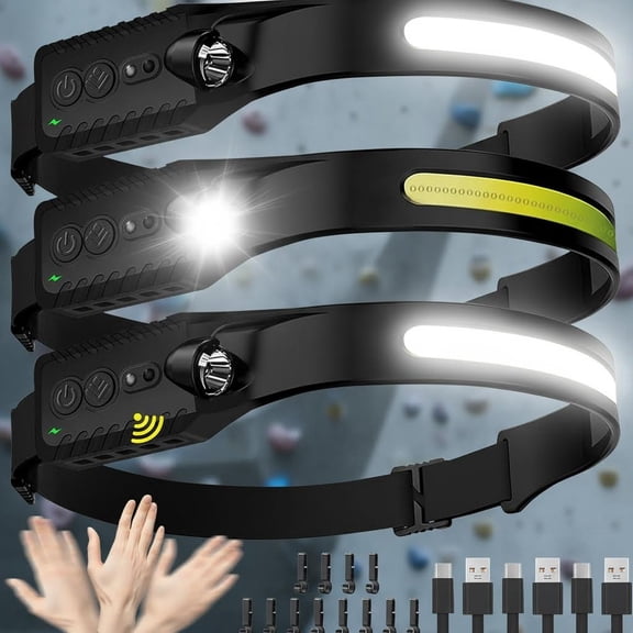 Headlamp Rechargeable (3-Pack), LED Head Lamp Flashlight, Wide Beam Headband Light, Super Bright, Waterproof, Multiple Modes for Running, Fishing, Hiking, Camping