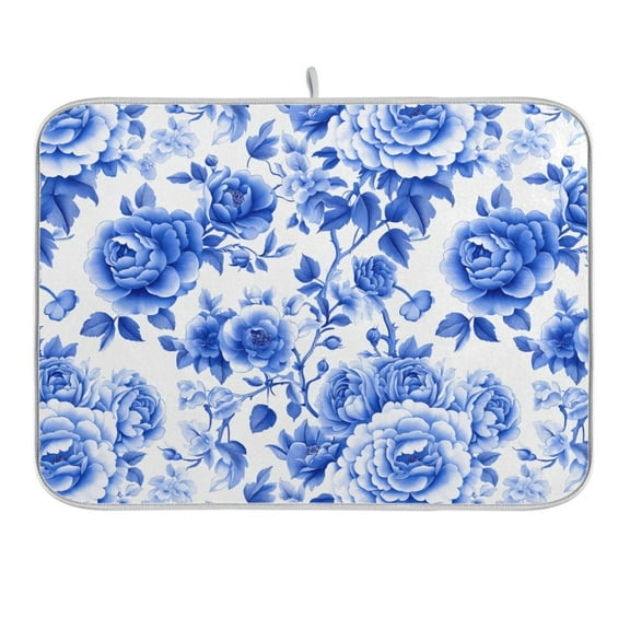 Blue White Porcelain with Roses Dish Drying Mat 16x18 Absorbent Microfiber Draining Rack Pad for Kitchen Counter Sink