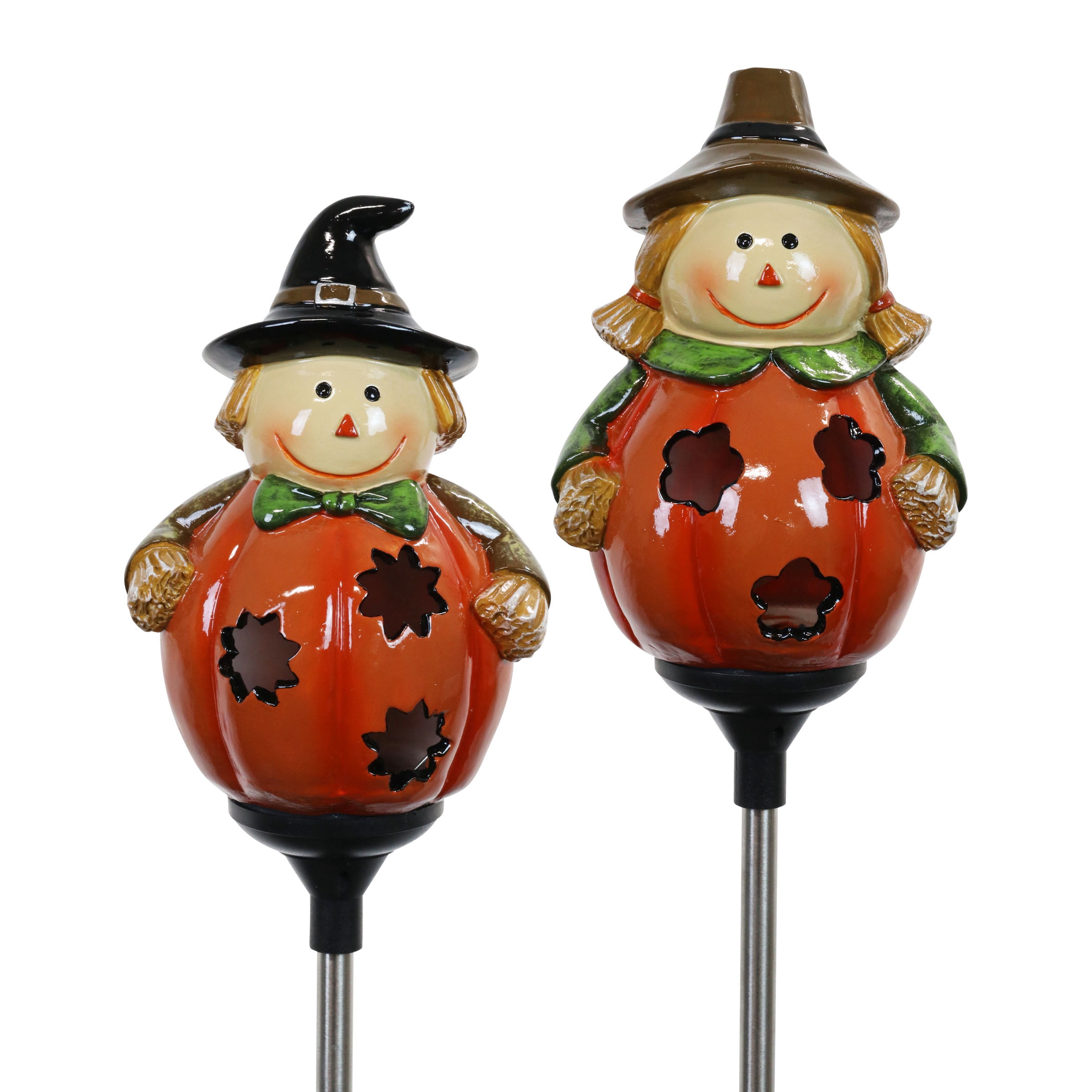 Exhart 2 Piece Set Pumpkin Scarecrow Boy and Girl Resin Solar Powered ...