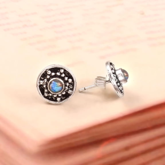 Labradorite Stud Earrings – 925 Sterling Silver Natural Labradorite Round Studs, Blue Flash Gemstone Minimalist Earrings for Women