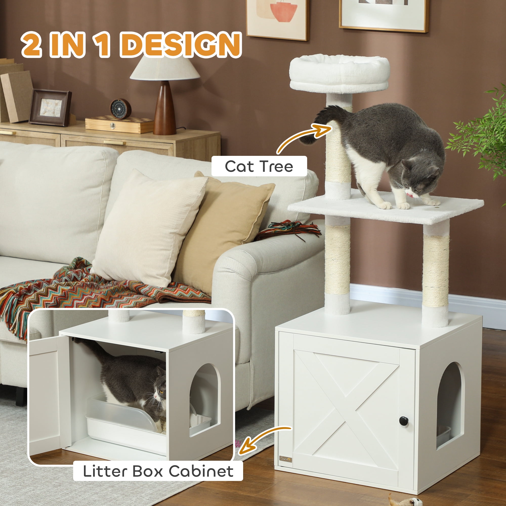 ZephyPaws Cat Tree with Litter Box Enclosure,2-in-1 Modern Cat Tower,50in Tall Cat Condo with Scratching Posts,Perch,White