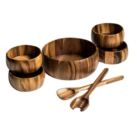 Kalmar Home 10-Inch Acacia Wood Large Dragor Salad Bowl with 4 Individuals