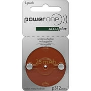 PowerOne ACCU plus Size 312 Rechargeable Hearing Aid Batteries, (2 pcs.)