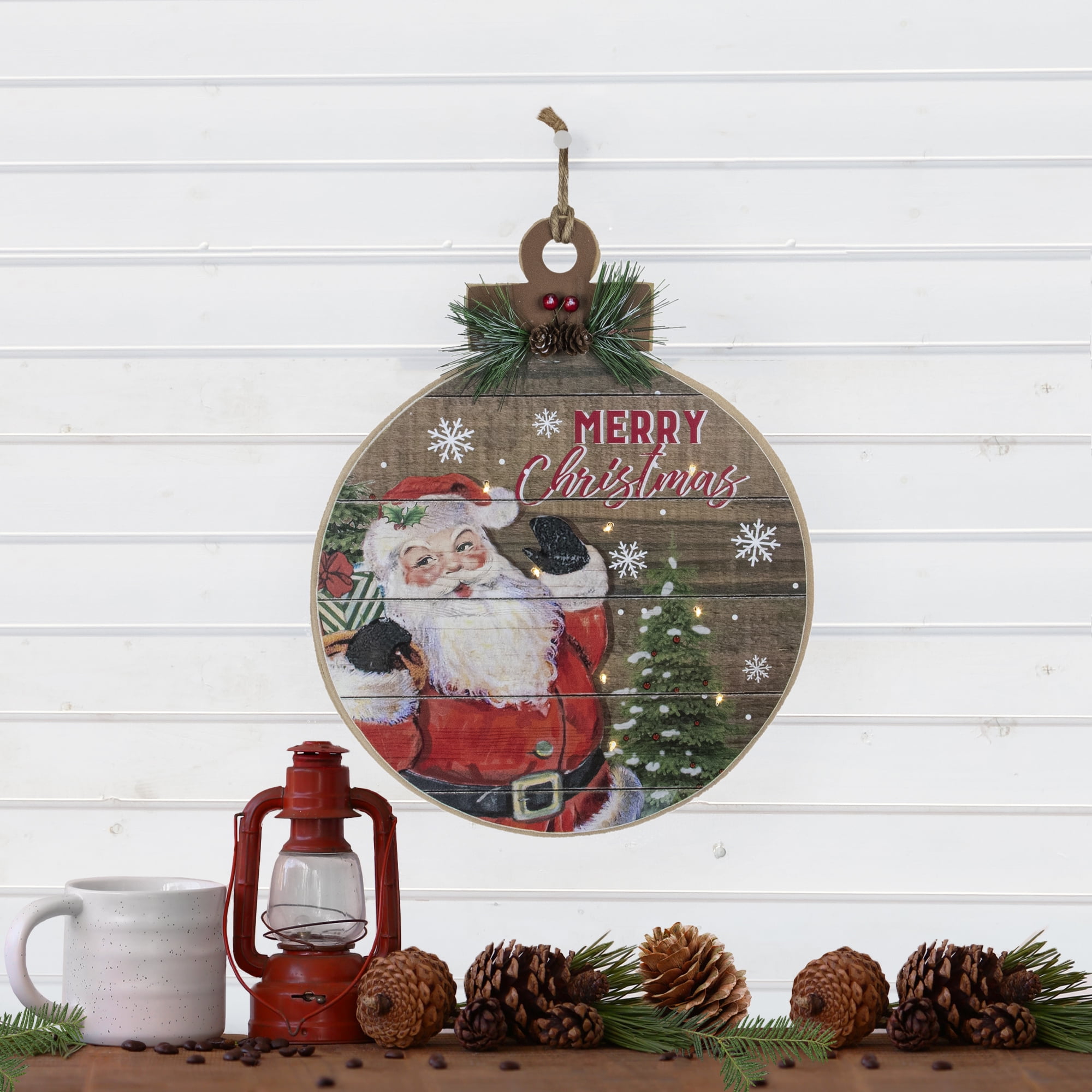 15" B/O Lighted Ball Ornament with Santa Claus Wooden Christmas Wall Sign