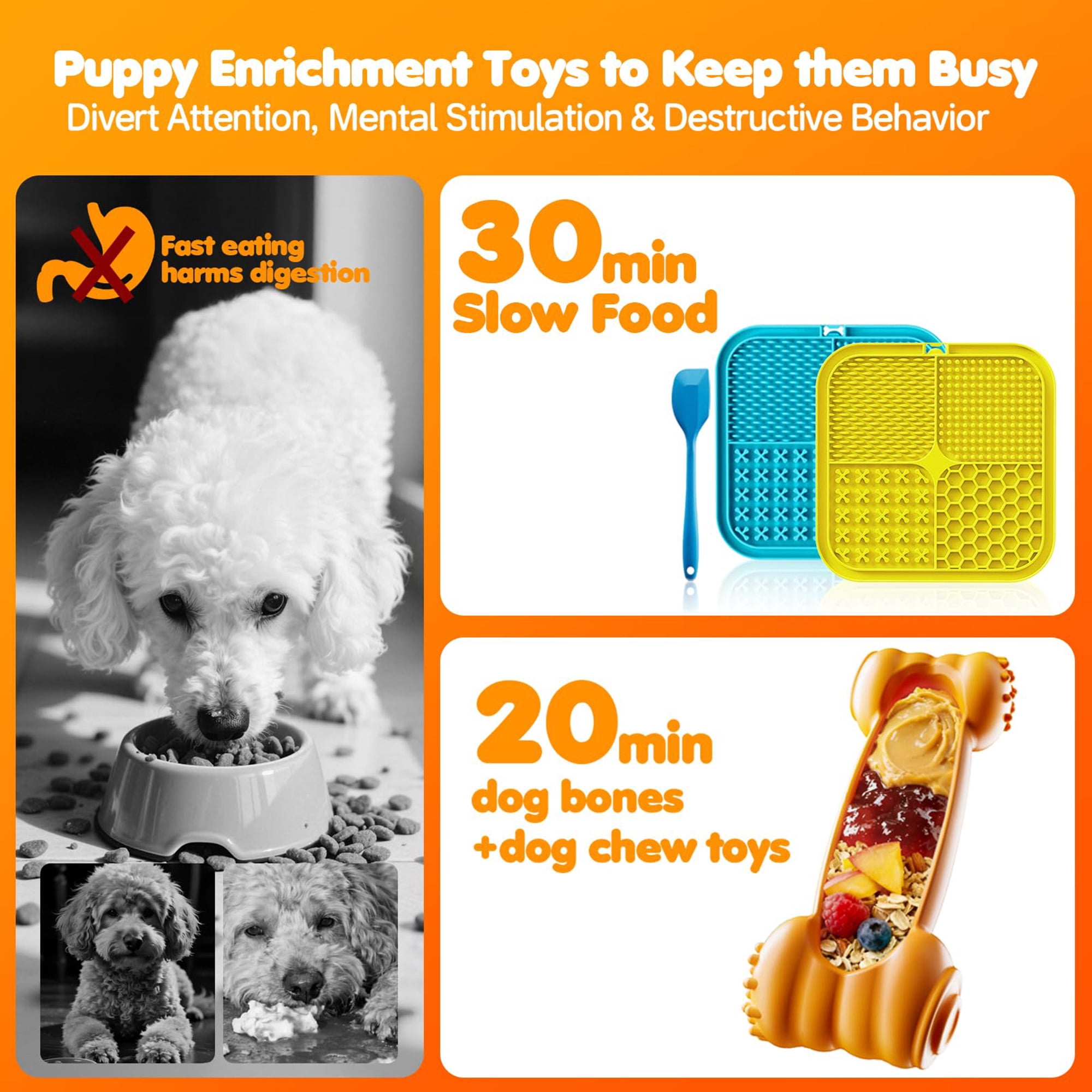 6pc dog puzzle toys: lick mat, chew ball, treat dispenser. Reduces anxiety & boredom. Ideal for bath/grooming/training. Multicolor.