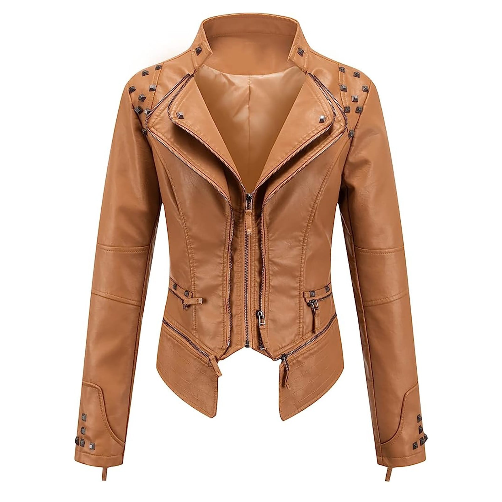 Feancey Womens Faux Leather Biker Jacket Slim Fit Fashion Studded Moto Coats Full Zip Lightweight Windbreaker Outerwear with Pockets Khaki L