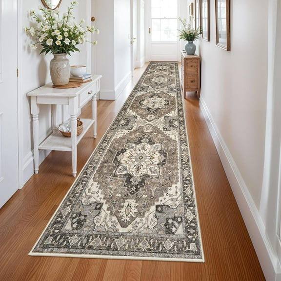 Washable Kitchen Runner Rug - 3x14 Hallway Rug Distressed Mats Non-Slip Soft Room Floor Carpet for Dining Room (Beige,3x14)