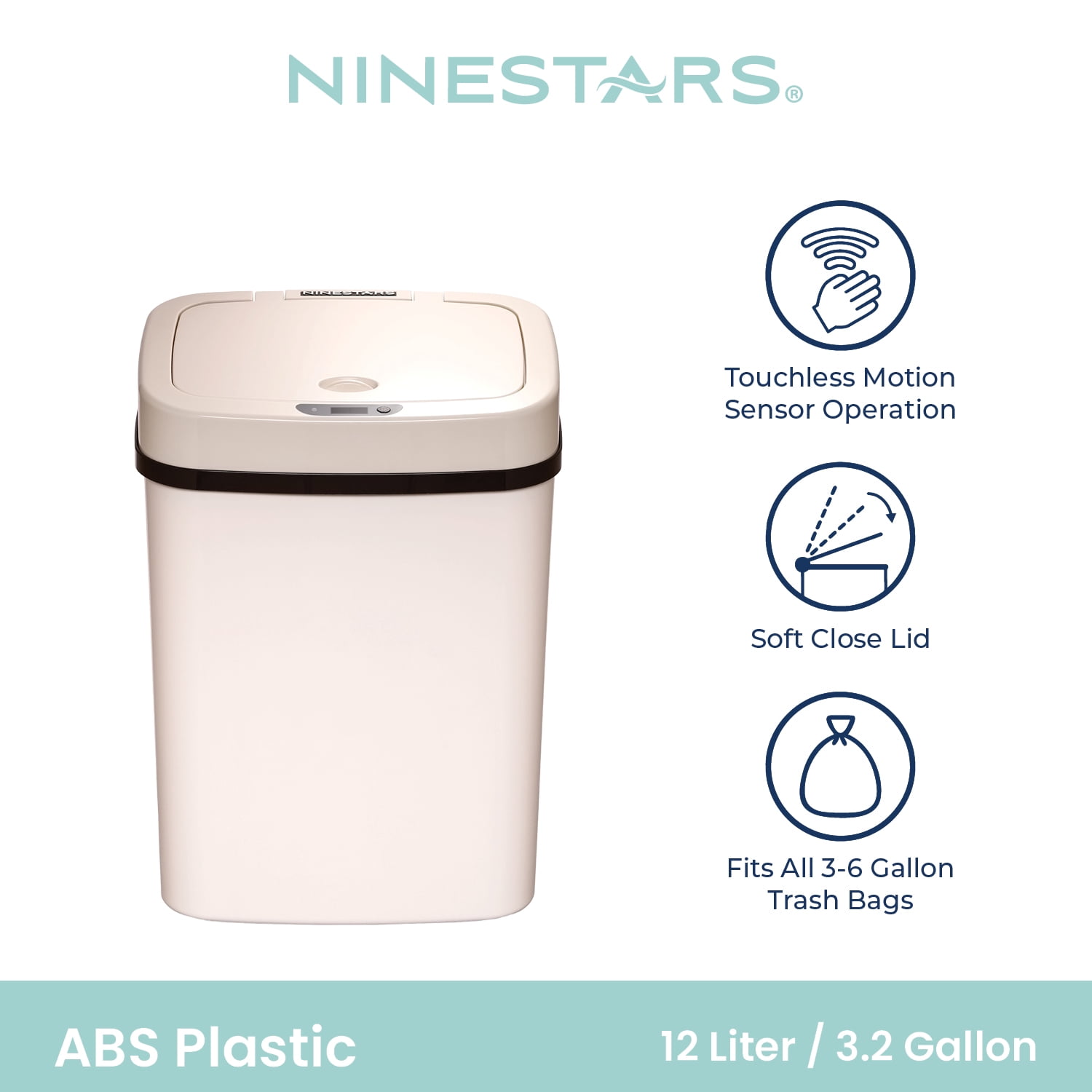 Nine Stars Automatic Bathroom Trash Can, 3.2 Gallon Plastic Motion Sensor Garbage Bin with Soft Close Lid, Cream