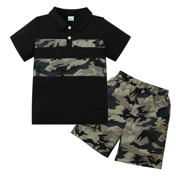 Kucnuzki 7 Years Big Boys Outfit Set 8 Years Child Boy Summer Clothes Sets Short Sleelves Pullover Polo T-shirt Top Camouflage Shorts 2pcs Clothing Black