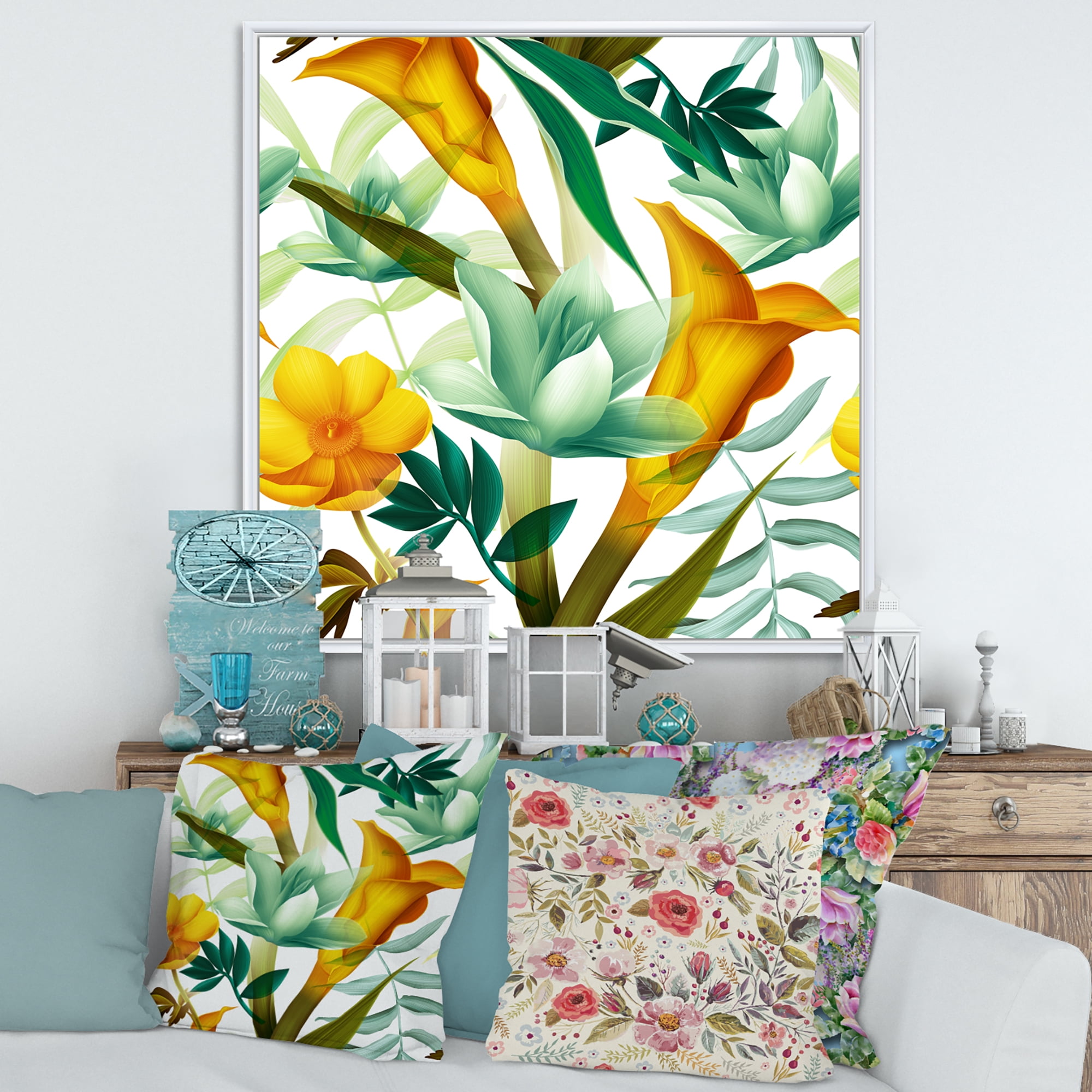 Designart 'Yellow Flowers and Tropical Foliage III' Modern Framed Canvas Wall Art Print