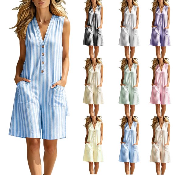 Women's Striped Sleeveless Romper V-Neck Button-Down Loose-Fit Casual Summer Jumpsuit with Pockets Blue XL(XL)