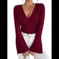 thumbnail image 1 of Camiseta de Larga Ajustada con Cuello en V Acanalado para Mujer, Top Informal de Moda con Mangas Acampanadas. Vino Tinto L, 1 of 9