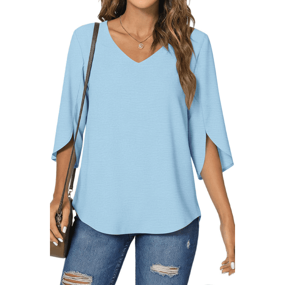UVN Womens Blouses 3/4 Sleeve V Neck Summer Shirts for Women Chiffon Dressy Casual Tunic Tops