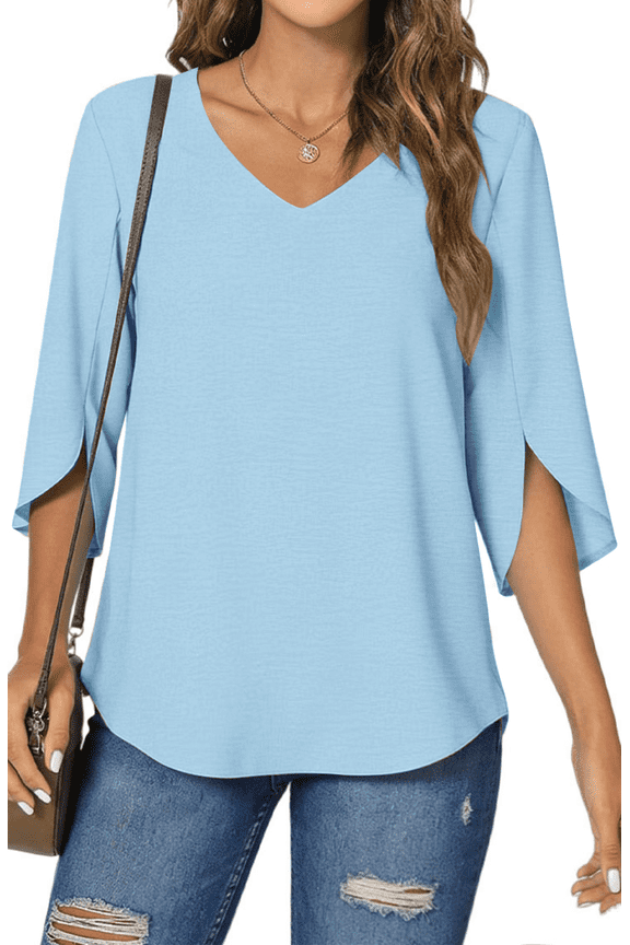 Womens Blouses 3/4 Sleeve V Neck Summer Shirts for Women Chiffon Dressy Casual Tunic Tops