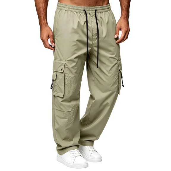 Jaunzuar Hiking Pants Men Straight Leg Drawstring Cargo Pants Casual Athletic Work Pants with Pockets L