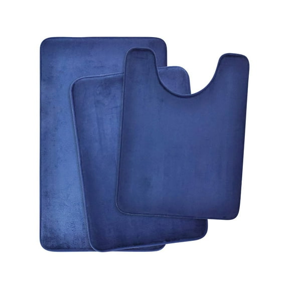 Guanhe Set of 3 Absorbent Memory Foam Bath Mat Bathroom Rugs, Navy, Large 31.5''x19.7'',Small 24''x16'',Contour 19.7''x24''