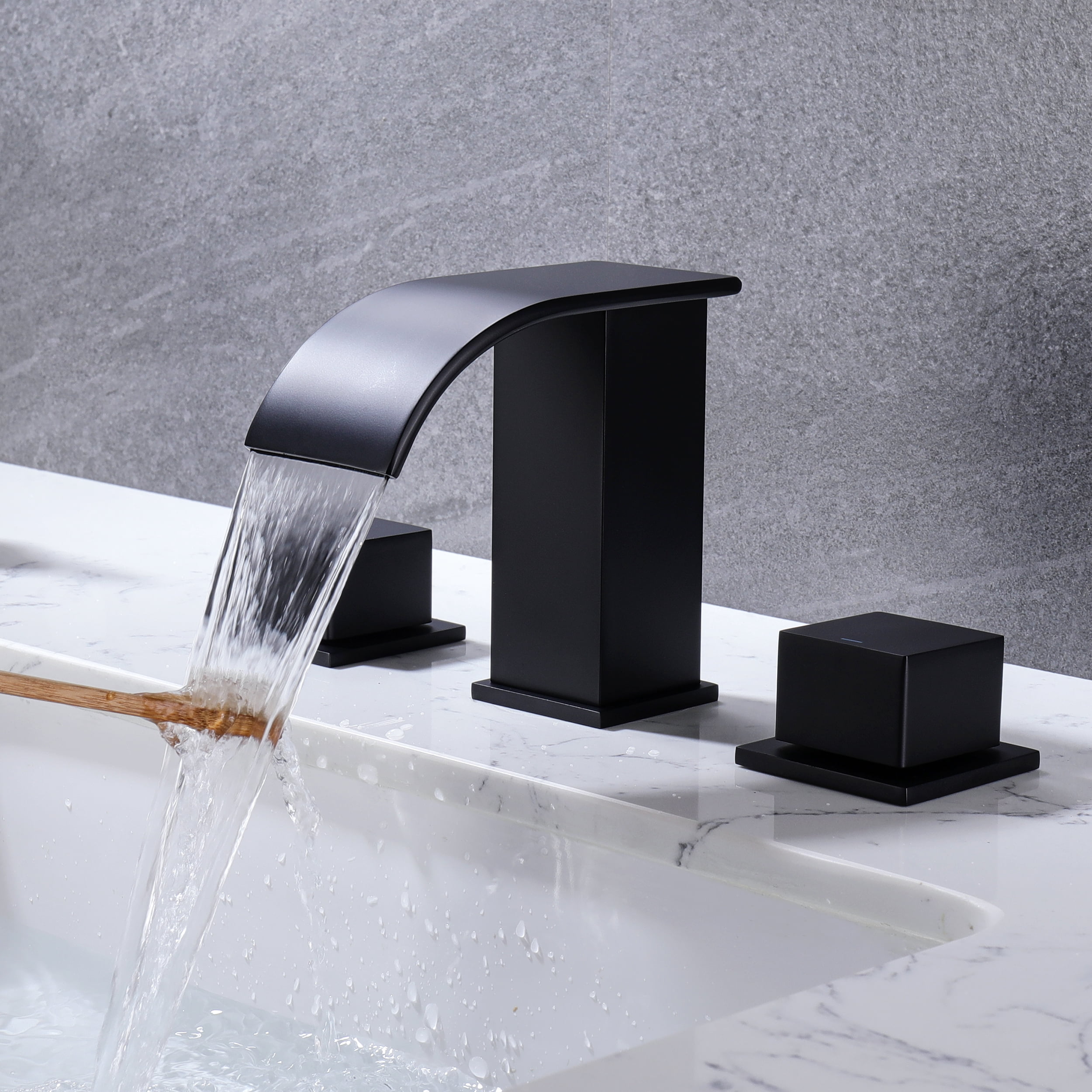 Waterfall Bathroom Sink Faucet Black - Widespread 2 Handle 8 Inch 3 Hole Bathroom Sink Faucet, Basin Faucet Mixer Taps with cUPC Faucet Supply Line Hoses for Bathroom Restroom Vanity Lavatory