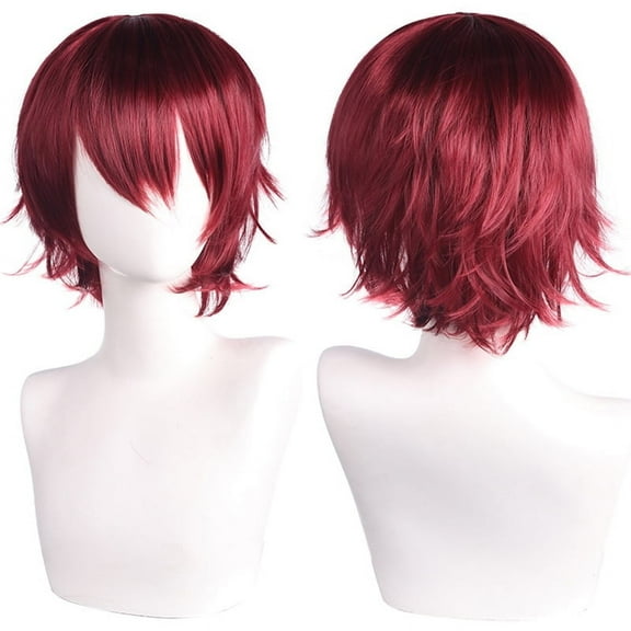 XmhyTop Unisex Short Anime-Style Cosplay Wig, Fluffy Layered Heat-Resistant Synthetic Hair, with Bangs, Ideal for Costume Parties, Prom & Themed Events，Wine Red
