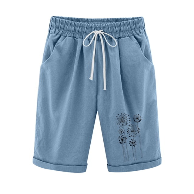FAIWAD Womens Summer Shorts Elastic High Waist Drawstring Pants Knee Length Floral Print Breathable Shorts