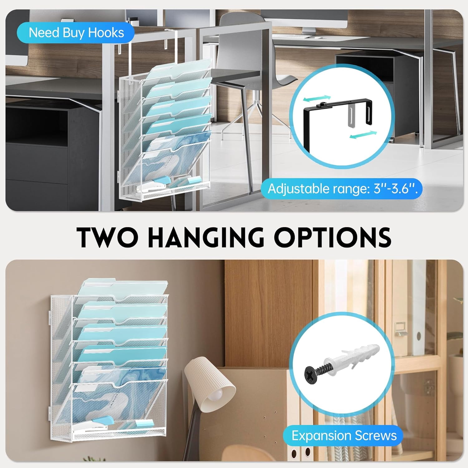 INTIGE 6-Tier Metal Wall File Organizer, Wall Mounted Paper Organizer, White, Assemble
