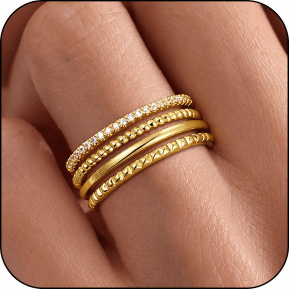 LUNVKY 4PCS 18K Gold Plated Rings for Women Non Tarnish Fashion CZ Pinky Stackable Ring Set Wedding Birthday Christmas Jewelry Gifts Teen Her Adults Wife Mom Stocking Stuffers Ideas Size 5/6/7/8/9/10