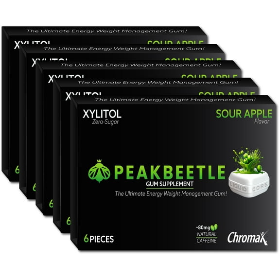 Peakbeetle Energy Gum, 80mg Caffeine per Piece, Chromax, Sugar-Free – 5 Packs 6 Pieces Each