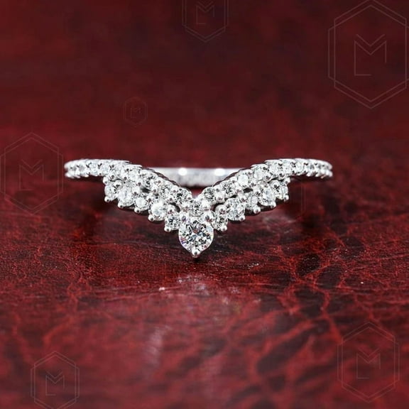 Tiara Curved Moissanite Diamond Wedding Band Vintage Chevron Stacking Matching Band 14K Solid Gold Plated V Shape Half Eternity