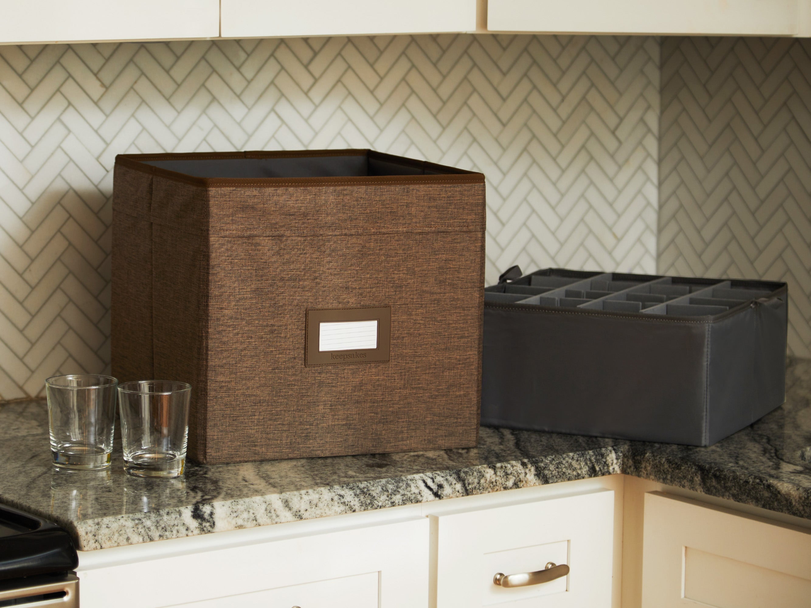 Kitchen Cube Glassware Storage Bin - Durable Polyester, Adjustable Compartments, Sturdy Interior Walls, ID Window, Kitchen Storage, Brown Heather