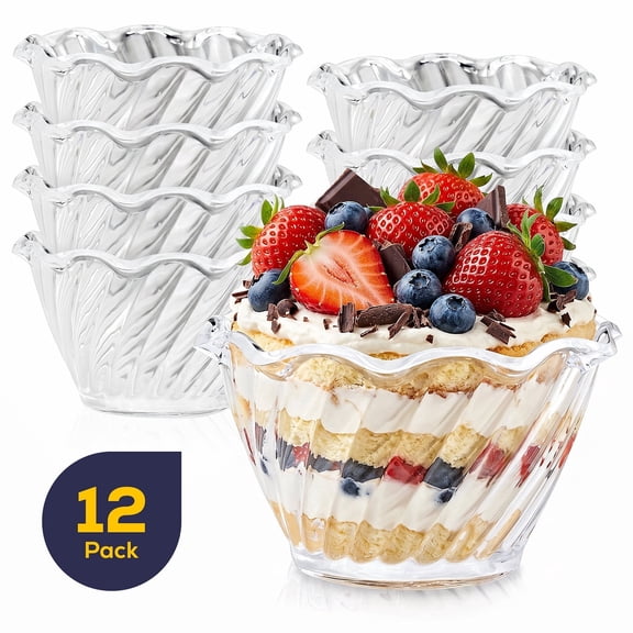 Fit Meal Prep 12 Pack Plastic Dessert Cups 5 oz, Clear Mini Ice Cream Sundae Cups, Individual Swirl Tulip Shape Dish Holder for Party, Wedding, Buffet