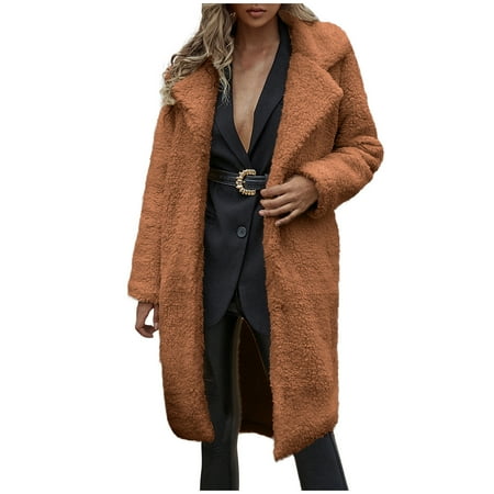 

Inkach Womens Ladies Warm Faux Fur Furry Coat Jacket Winter Solid Turn Down Collar Outerwear