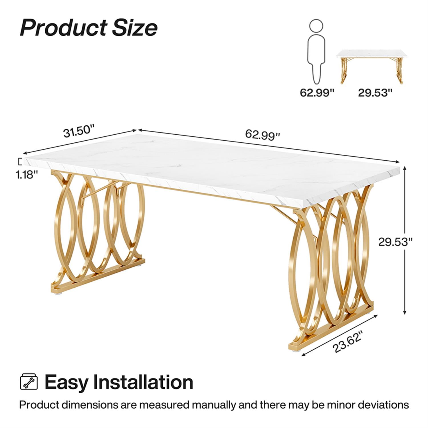 Demi Bonn 63" Modern Dining Table with Faux Marble Tabletop for 4-6 People, Large Rectangular Dinner Table for Dining Room, Home Office, Living Room Furniture, White