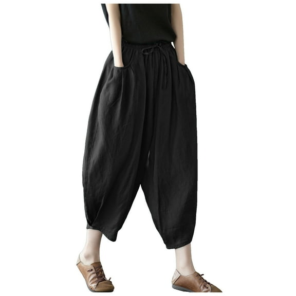Hauaitttt Pants Waist Elastic Band Balloon Linen Loose Casual Women Summer Womens Beach Pants Lightweight Womens Sweatpants Tall Casual Pants Women with Pockets Womens Casual Pants and Tops Womens