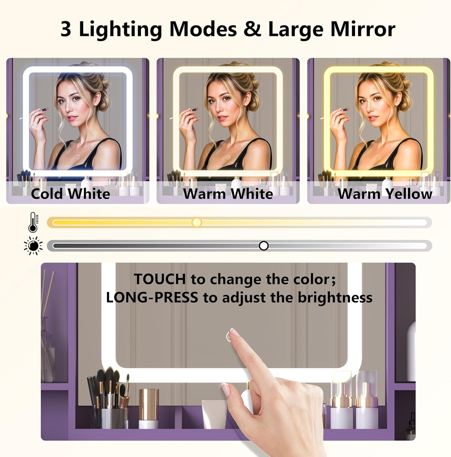 FANRAL Large Vanity Desk with LED Lighted Mirror & RGB Glass Cabinets,Built-in Charging Station & 7 Drawers,Modern Dressing Table for Bedroom Beauty Spaces,Purple Vanity