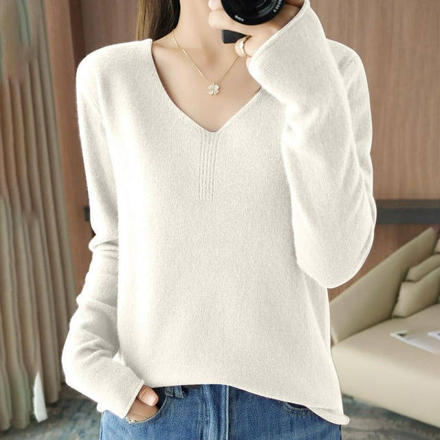 IMENGL Women's sweaters winter fashion solid color, White L, Size M-2XL