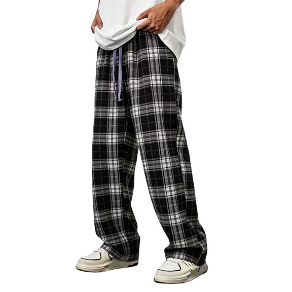 CONZONE Men's Baggy Pants Wide Leg Pants for Men Trendy Elastic Waist Drawstring Plaid Soft Dailywear Pant With Pockets