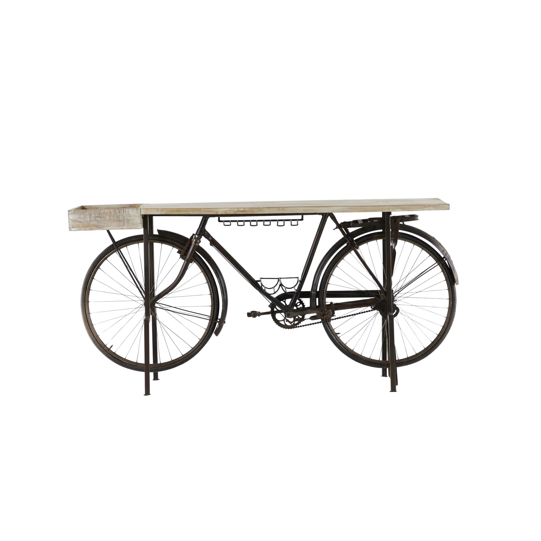DecMode Rustic Metal Black Bicycle Console Table with Brown Wood Tabletop, 76"W x 37"H