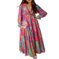 thumbnail image 1 of Robe Maxi pour Femmes Col en V Manches Longues Imprimé Floral Robe Évasée à Volants, 1 of 3