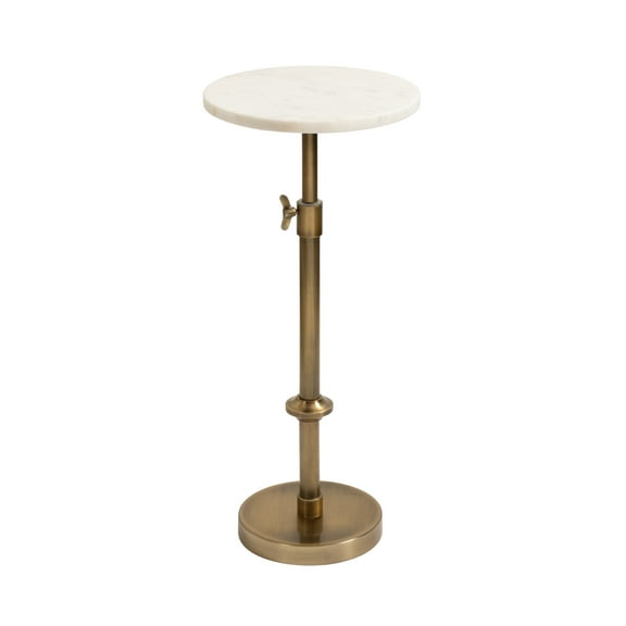 Kate and Laurel Engles Traditional Adjustable-Height Pedestal Drink Table, 10 x 10 x 30, White Marble and Antique Brass, Vintage Round Indoor Metal Plant Stand with Authentic Marble Tabletop