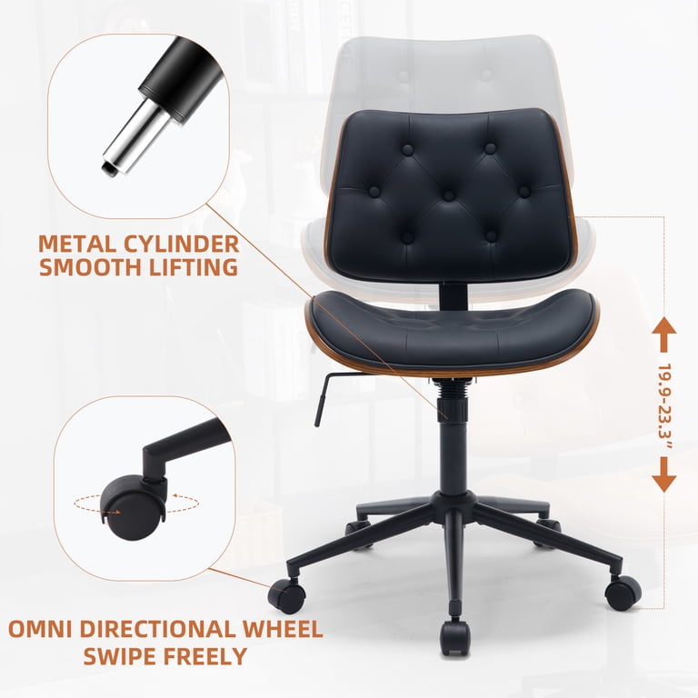 BERYTH Armless Office Chair With Wheels, PU Leather Adjustable Height Desk Chair - 360° Swivel Ergonomic Computer Chair For Small Space, Modern Walnut Style, Home & Meeting Room, Black