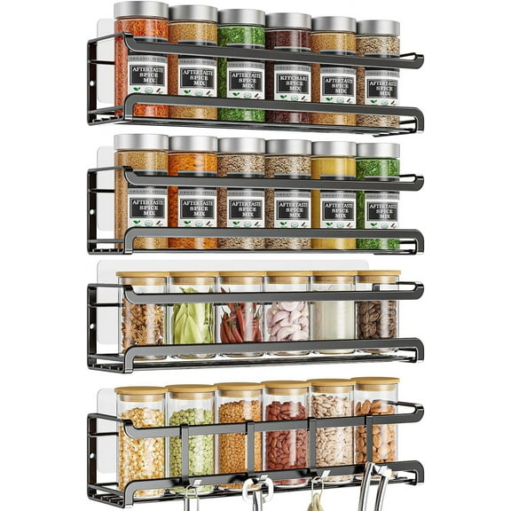 Black 4 Pack Wall Mount Spice Rack with 4 Removable Hooks, Screw & Adhesive Dual Install Space Saving Seasoning Storage Shelf 11.41x2.75x2.75in for Kitchen Pantry Door Stove RV