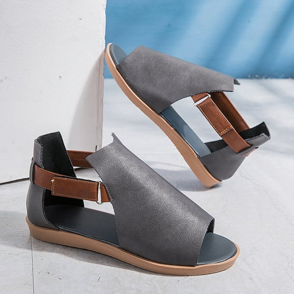 JeashCHAT Women's Flat Sandals Peep Toe Ankle Strap Vintage Summer Sandals Lightweight Casual Walking Sandals (Gray)