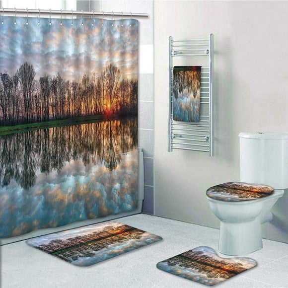 EREHome Magical Lake Sunset with the Mirroring Crystal Water Horizon over Forest Boho 5 Piece Bathroom Set Shower Curtain Bath Towel Bath Rug Contour Mat and Toilet Lid Cover