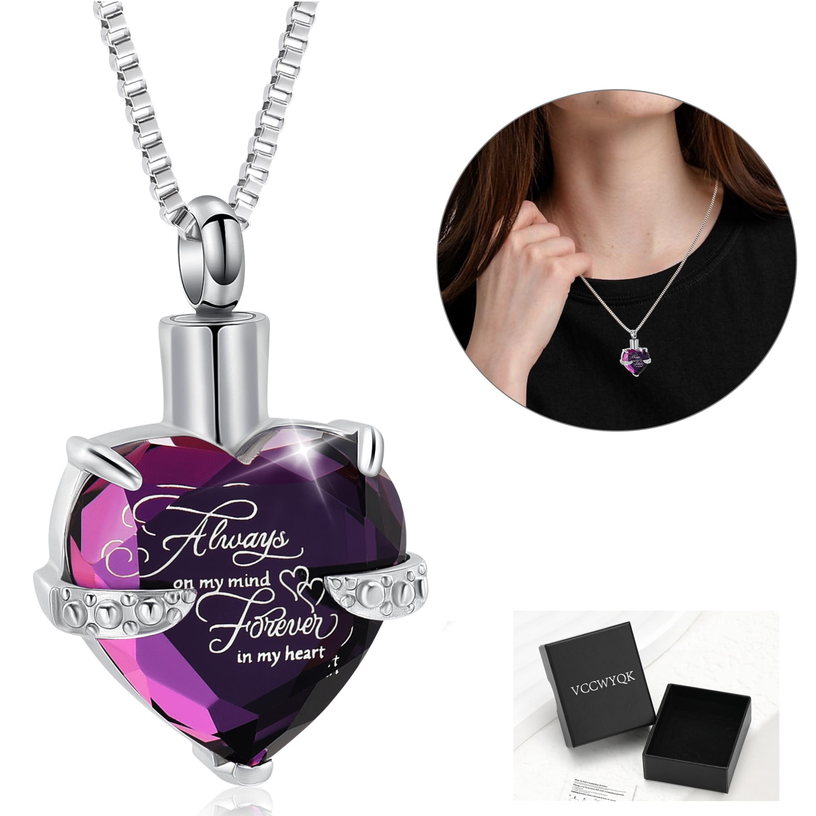 Always In My Heart - Crystal Heart Urn Necklace for Ashes Cremation Jewelry Birthstone Heart Keepsake Cremation Urn Jewelry